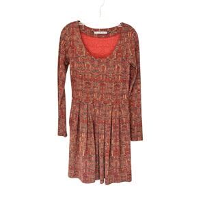 Peruvian Connection Red Aztec Print‎ Pleated Long Sleeve Knee Length Dress XS